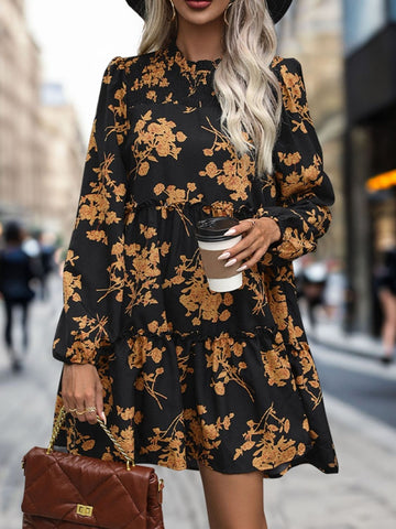 Perfee Frill Printed Long Sleeve Mini Dress