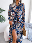 Tied Printed Long Sleeve Midi Dress