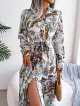 Tied Printed Long Sleeve Midi Dress